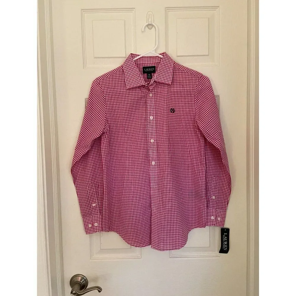 Pink Gingham Boys Ralph Lauren Long Sleeved Shirt (Size 14)